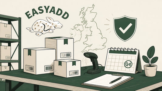 EASYADD Q4 fulfilment planning illustration showing organised stock, cartons and a Q4 calendar