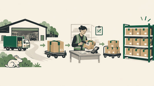 EASYADD-branded illustration showing stock moving from a fulfilment centre through UK inspection and relabelling to sellable 