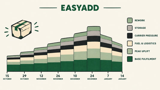 EASYADD illustration of a layered Q4 fulfilment cost stack across a calendar from 15 October to 14 January