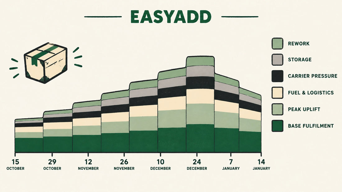 EASYADD illustration of a layered Q4 fulfilment cost stack across a calendar from 15 October to 14 January